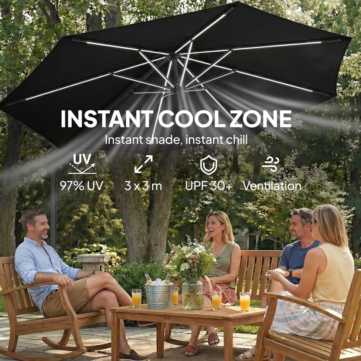 Parasol déporté de 3 m avec éclairage solaire, parasol suspendu de jardin avec rotation à 360°, inclinaison et housse de protection, noir