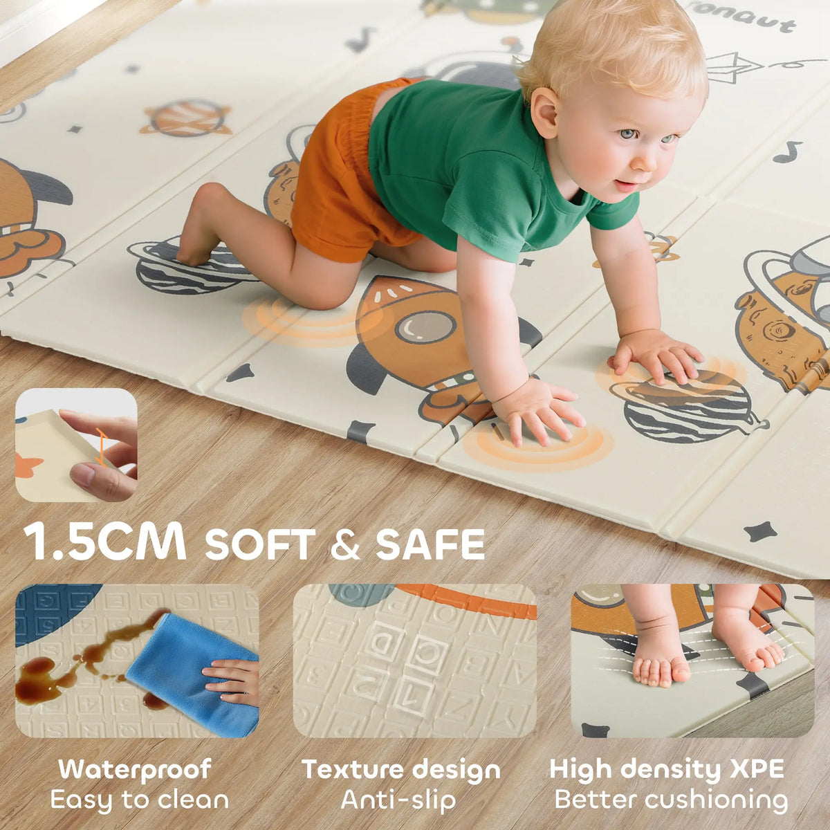 Tapis de sol pliable pour bébé, 195 x 175 cm, thème astronaute et planètes, idéal pour ramper et explorer le monde.