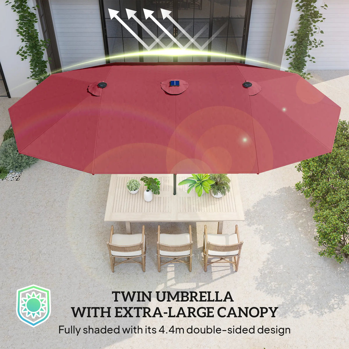 Parasol de jardin double face 173,2" avec lumière solaire LED intégrée, base non incluse, rouge bordeaux