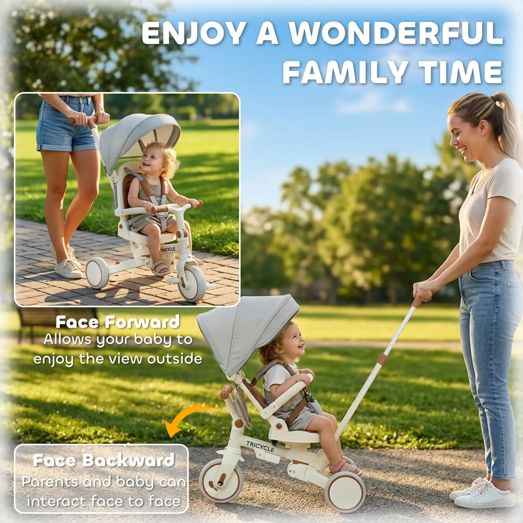 Tricycle 7 en 1 pour tout-petits avec harnais de sécurité, poignée parentale réglable et amovible, capote, sac de rangement et frein, blanc crème