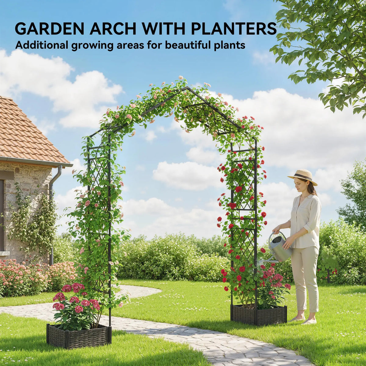Arche de jardin avec treillis et 2 jardinières, 230 x 40 x 224 cm, noire