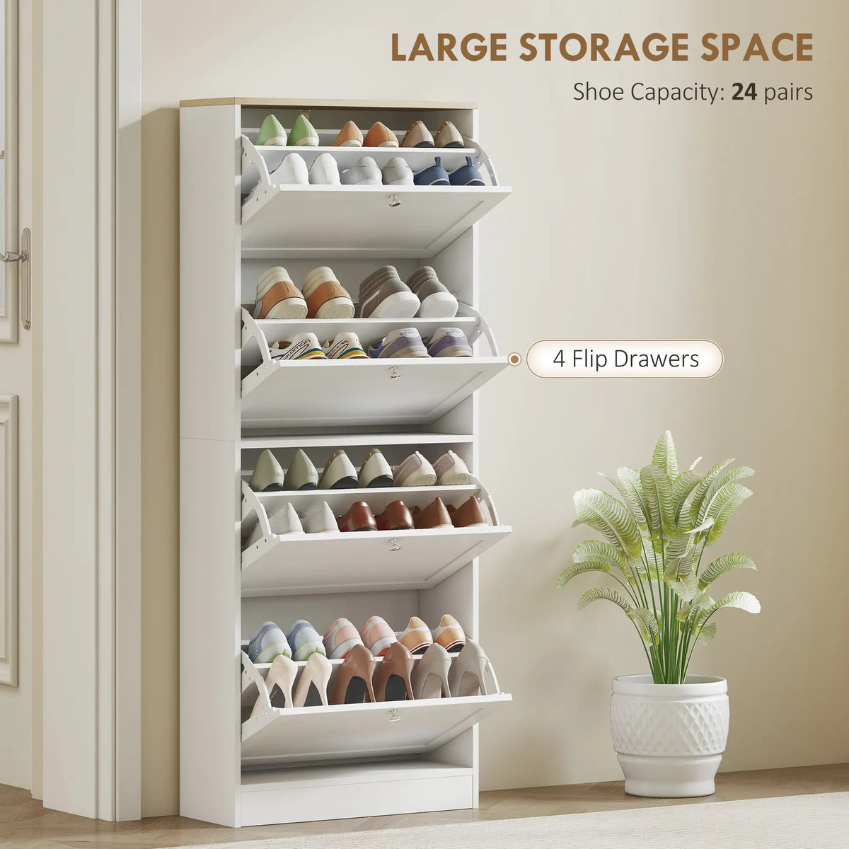 Meuble à chaussures moderne avec 4 tiroirs à charnières et étagères réglables, pour 18 à 24 paires de chaussures, blanc