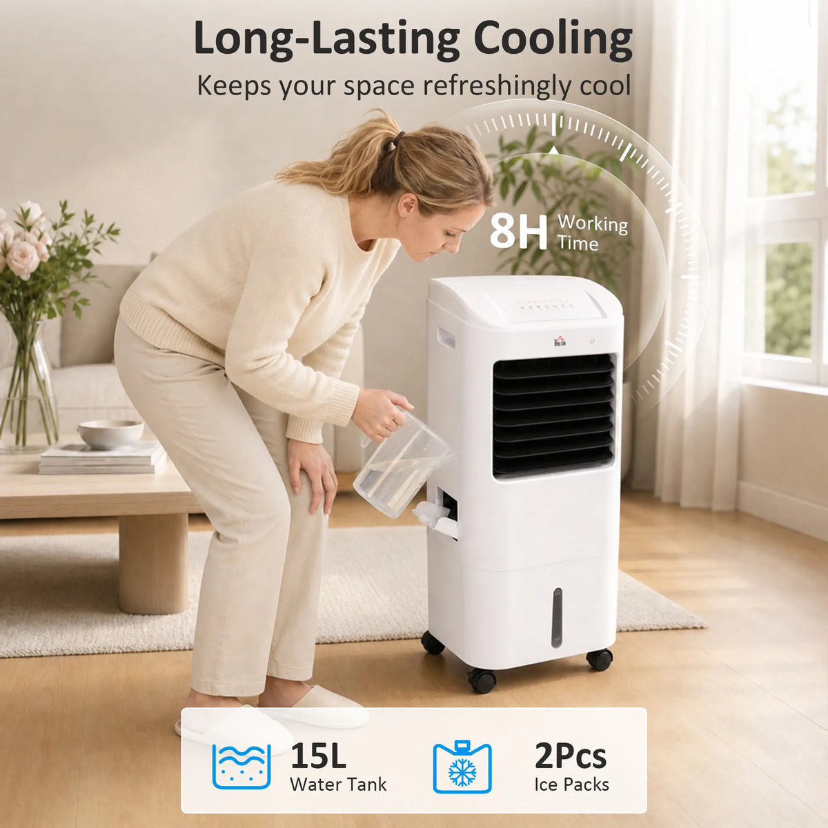Ventilateur de chambre avec poche de glace, ventilateur tour avec télécommande, 3 modes, 3 vitesses, minuterie 7,5 h, blanc