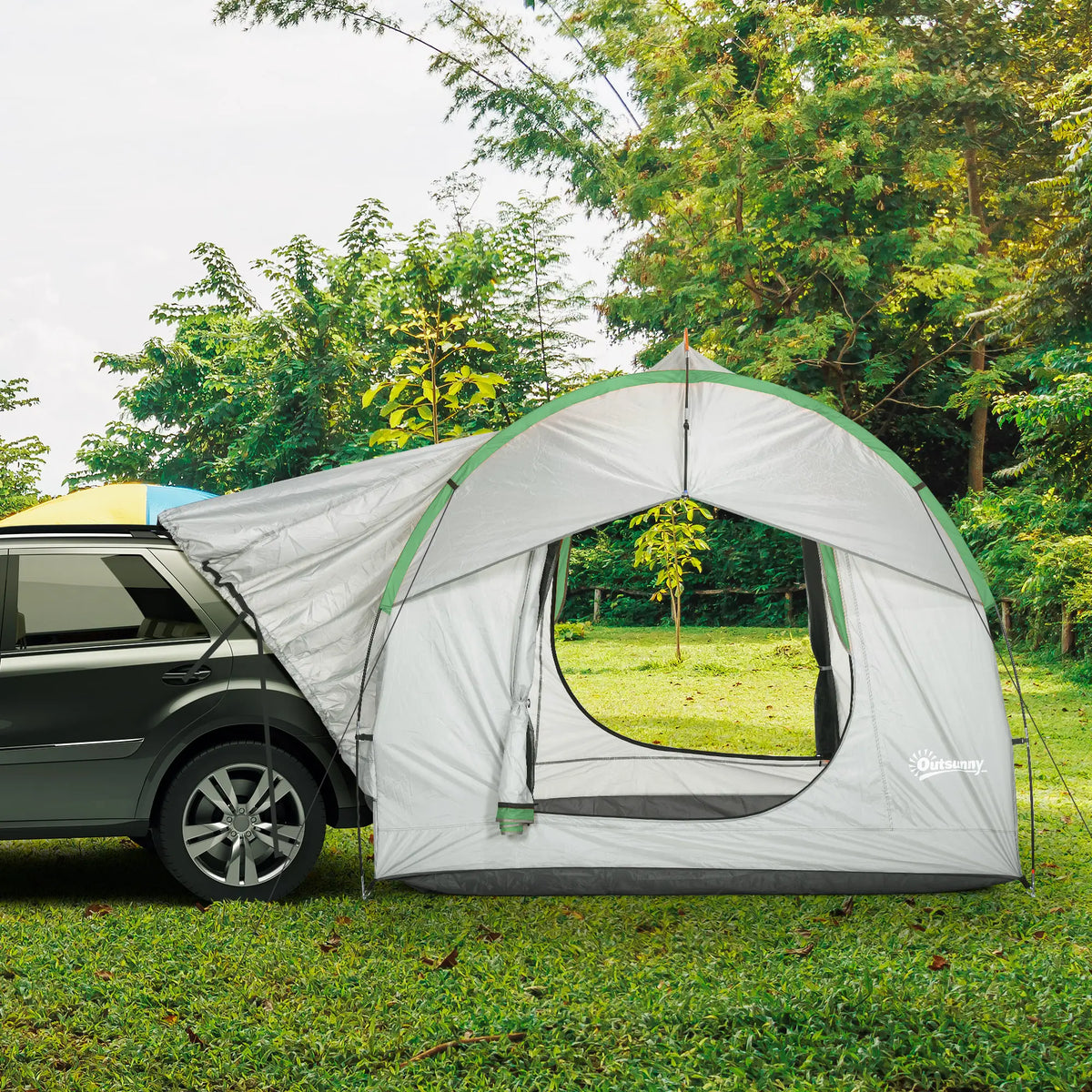 Tente de voiture imperméable 2000 mm pour SUV, avec 3 portes et fenêtre en filet, pour 5 à 6 personnes, coloris gris et vert. Idéale pour le camping et les voyages. Coloris : gris et vert.