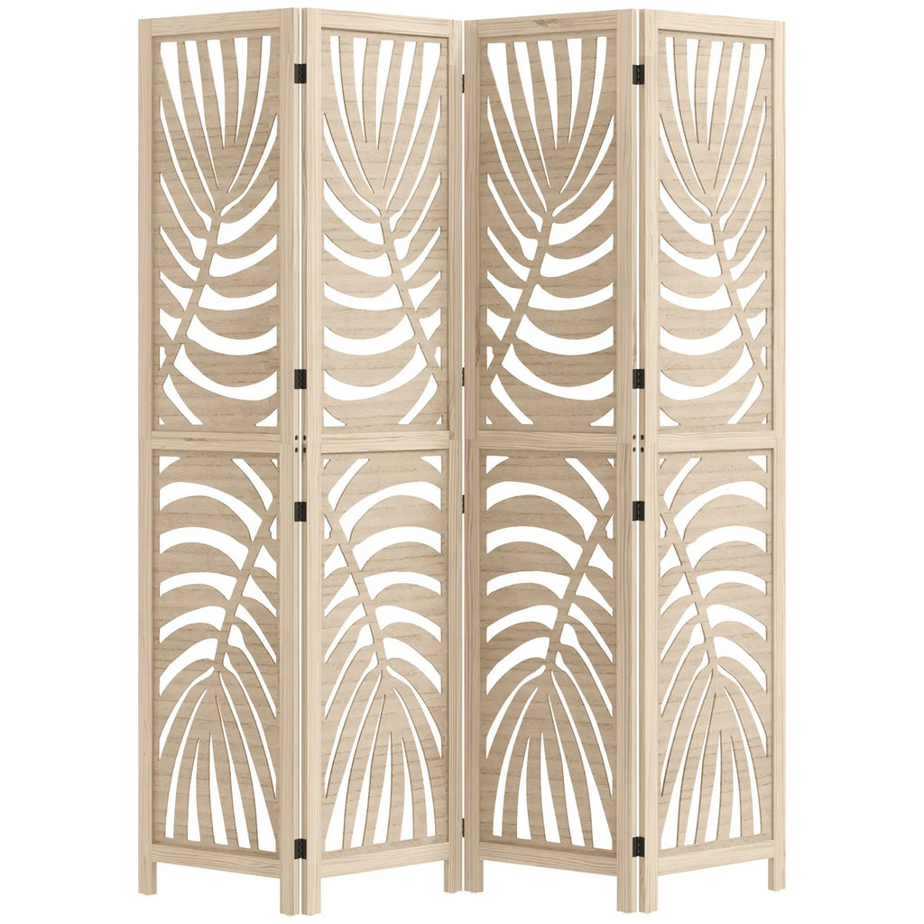Paravent à 4 panneaux, écrans de confidentialité pliables et détachables avec motif de feuilles de palmier pour bureau à domicile, finition bois naturel