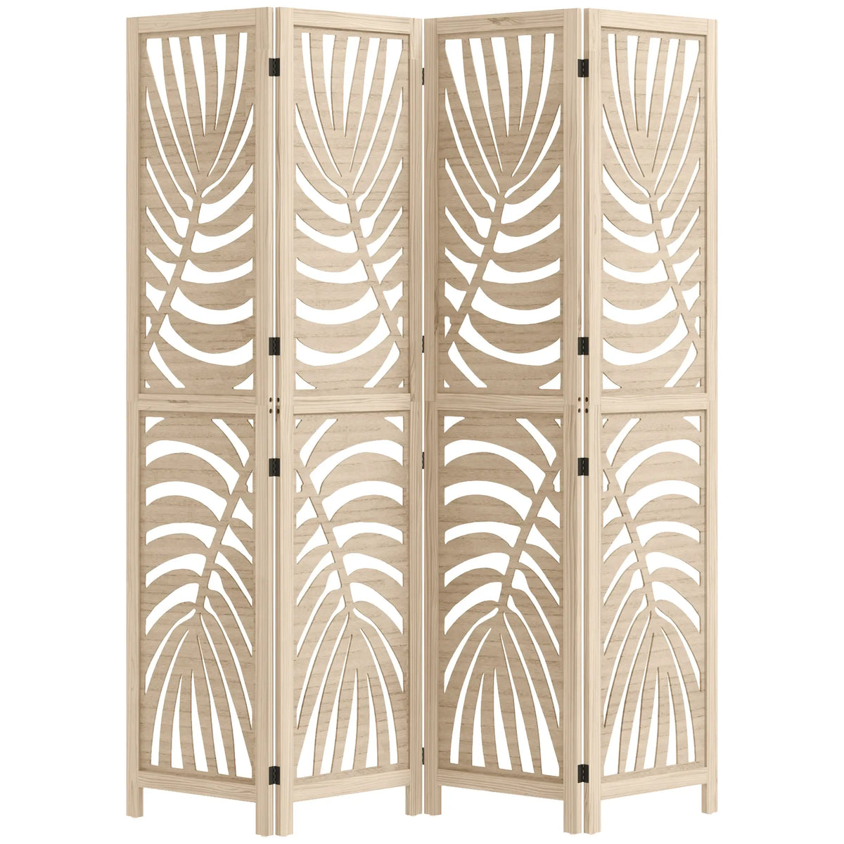 Paravent à 4 panneaux, écrans de confidentialité pliables et détachables avec motif de feuilles de palmier pour bureau à domicile, finition bois naturel