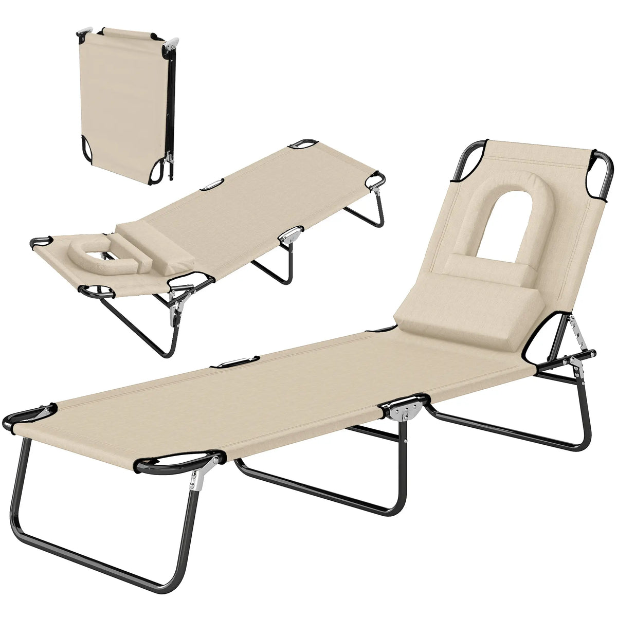 Chaise longue d'extérieur, chaise longue pliante de jardin avec dossier réglable, ouverture pour le visage et coussin de soutien, beige