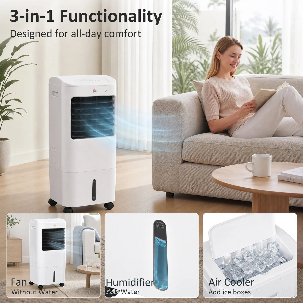 Ventilateur de chambre avec poche de glace, ventilateur tour avec télécommande, 3 modes, 3 vitesses, minuterie 7,5 h, blanc
