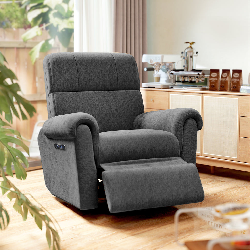 Fauteuil inclinable électrique, revêtement en tissu, ports USB, fonction pivotante et à bascule, repose-pieds, gris foncé