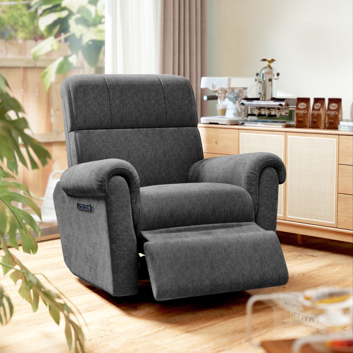 Fauteuil inclinable électrique, revêtement en tissu, ports USB, fonction pivotante et à bascule, repose-pieds, gris foncé