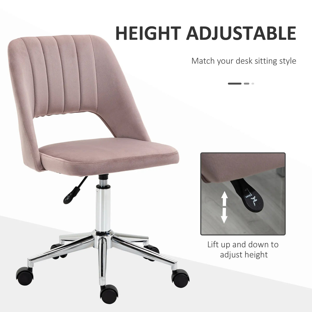 Chaise de bureau à dossier mi-haut, pivotante, en velours rose, avec assise festonnée. Revêtement en velours.