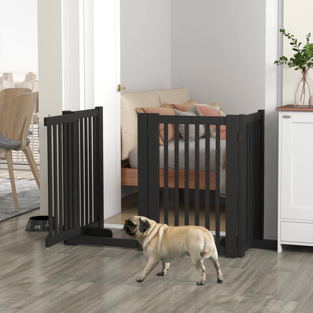 Barrière pour animaux de compagnie à 4 panneaux en bois autoportante avec porte ouvrante, noire