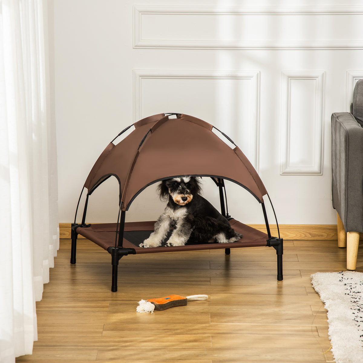 Lit surélevé rafraîchissant pour chiens de taille moyenne, avec auvent, couleur café