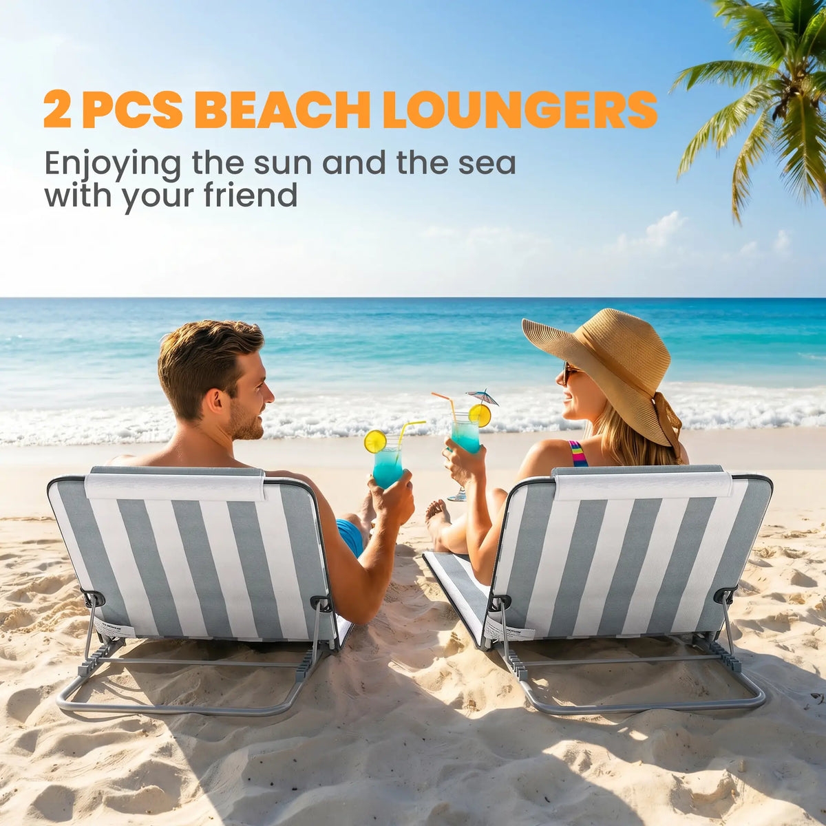 Ensemble de 2 chaises longues de plage pliantes avec coussin pour bronzer, coloris gris clair et blanc.