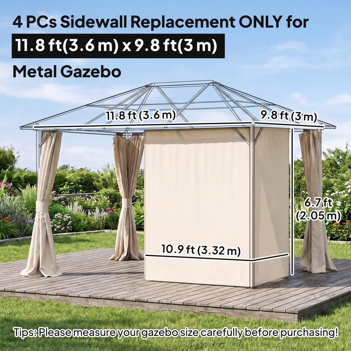 Rideaux de gazebo, rideau de remplacement universel pour intimité, 3 m x 3,6 m, 4 panneaux latéraux avec crochets/anneaux en C, beige