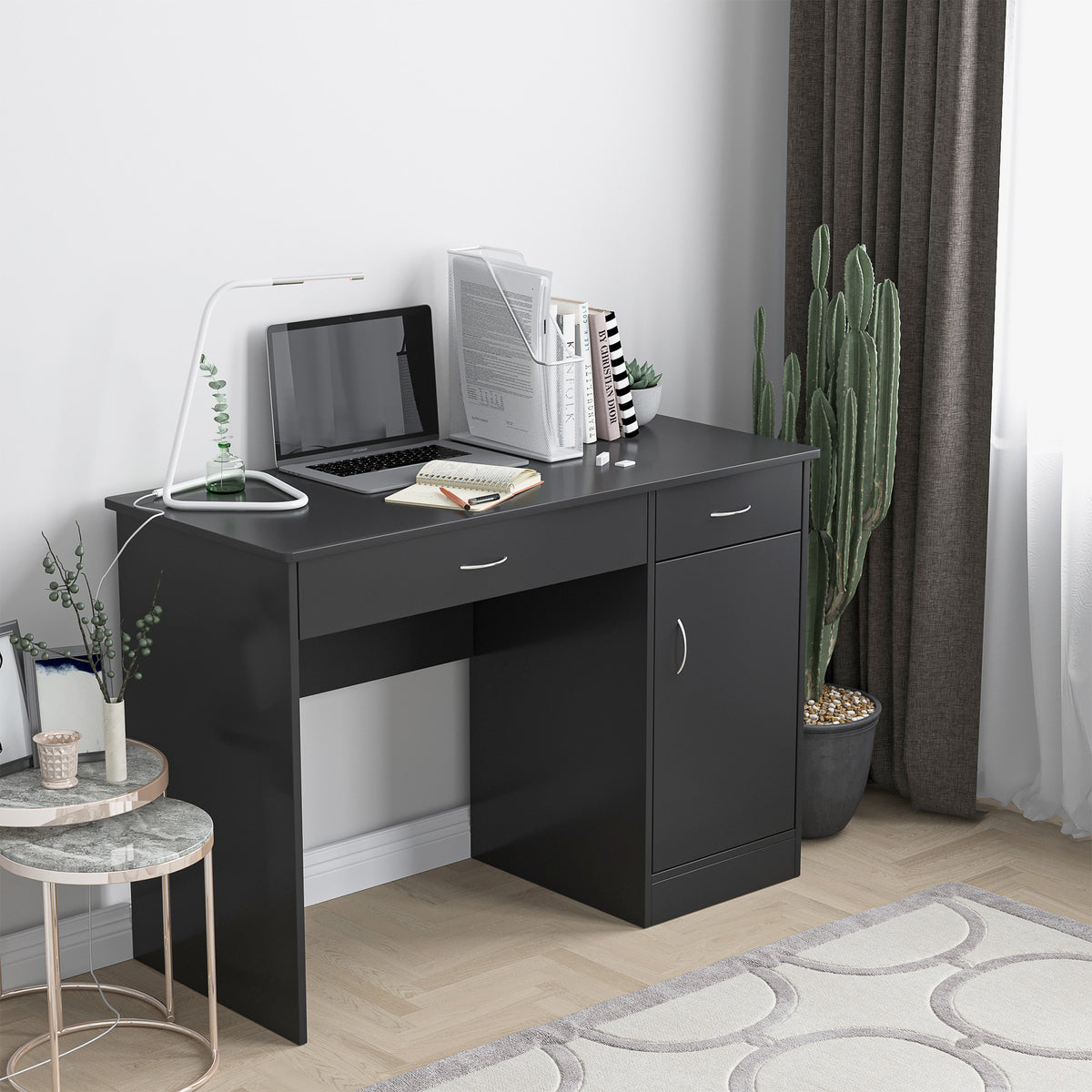 Bureau d'ordinateur avec tiroirs de rangement, table d'étude avec étagère réglable pour bureau à domicile ou chambre, noir