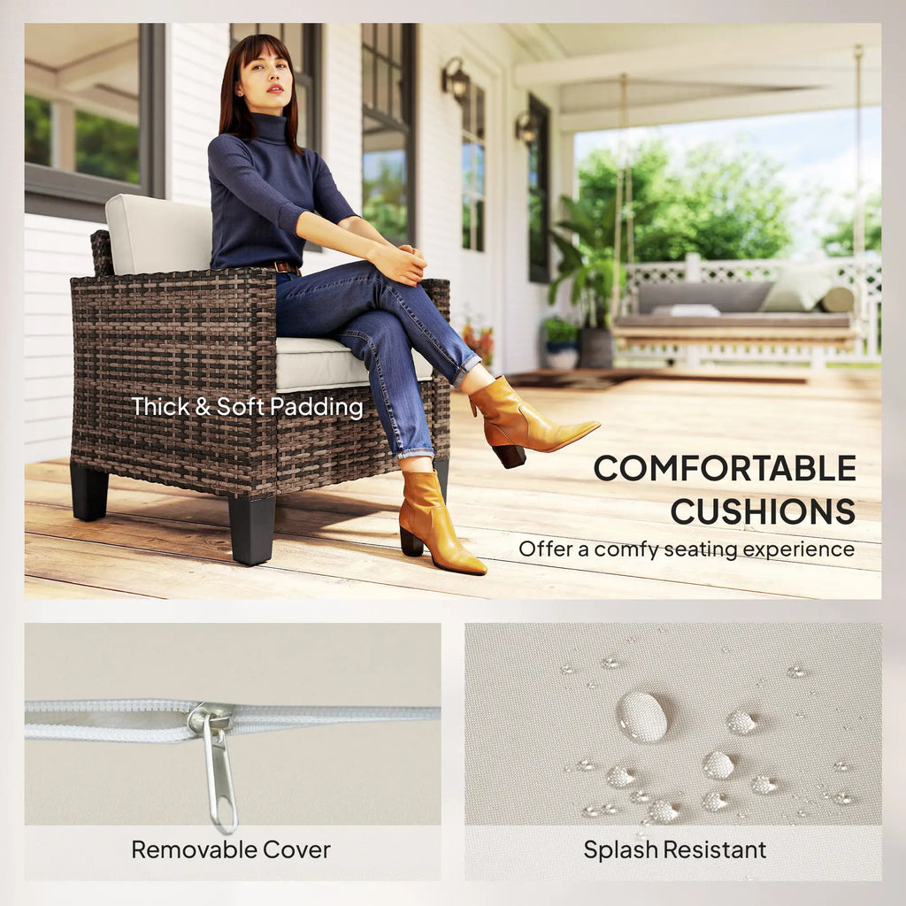 Fauteuil de jardin en résine tressée, avec accoudoirs et coussins, pour balcon, véranda ou terrasse, couleur blanc crème.