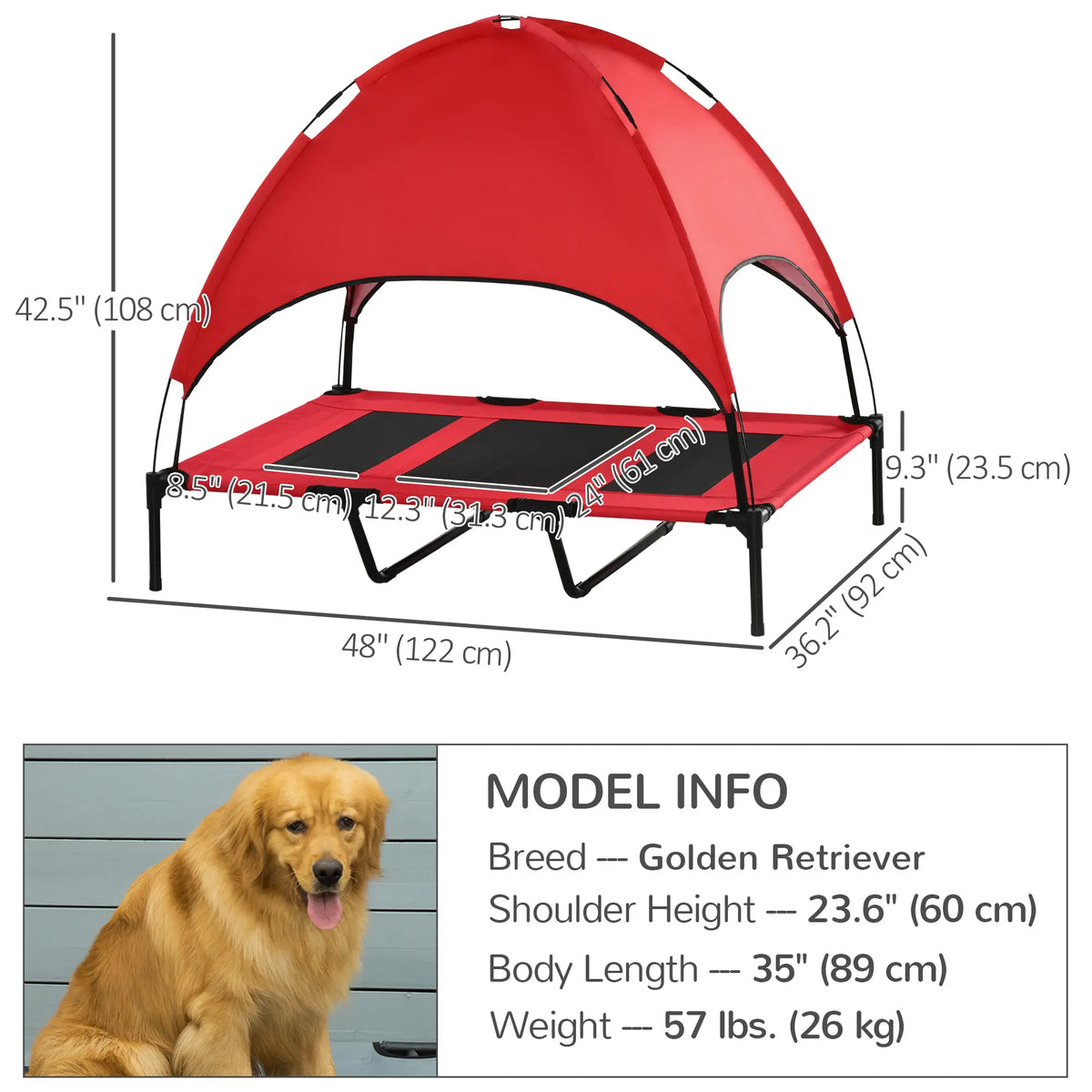 Lit surélevé pour animaux de compagnie, lit pour chien portable d'extérieur et d'intérieur avec tente et abri, rouge instantané
