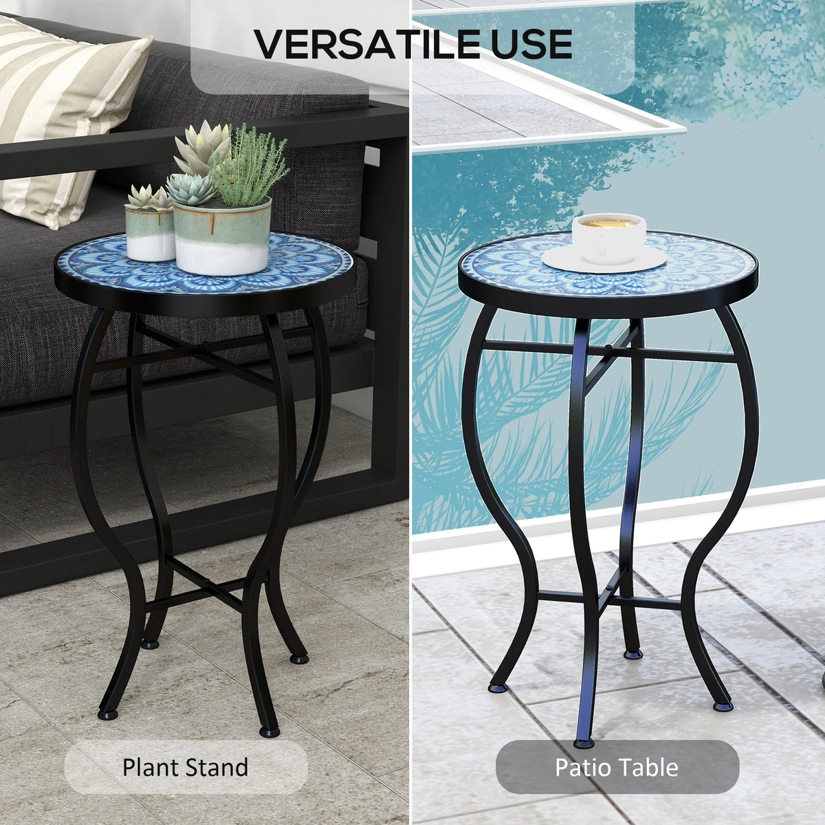 Table ronde d'extérieur, table basse bistro de patio avec plateau en mosaïque et structure en acier pour jardin