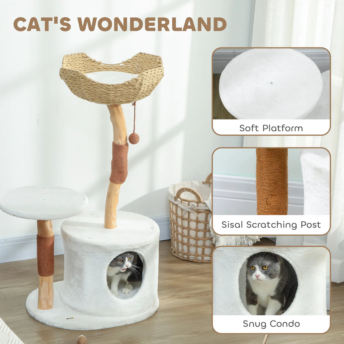 Arbre à chat 40" en bois véritable, tour pour chats adultes d'intérieur de grande taille avec poteaux à griffer, niche, perchoir et coussin lavable.