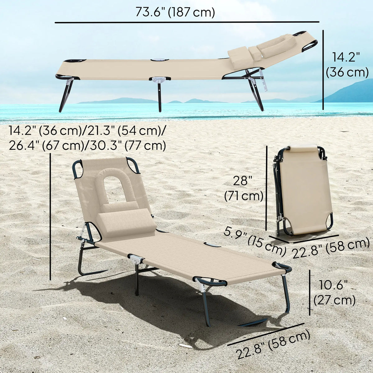 Chaise longue d'extérieur, chaise longue pliante de jardin avec dossier réglable, ouverture pour le visage et coussin de soutien, beige