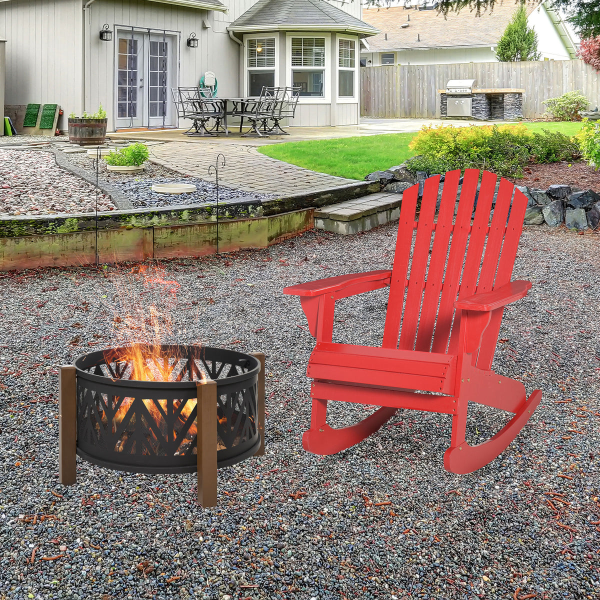 Fauteuil à bascule Muskoka en bois Adirondack, avec dossier en éventail et style rustique classique, rouge.