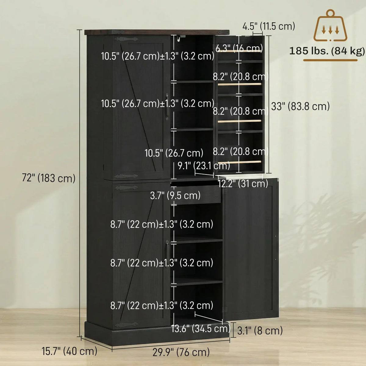 Armoire de cuisine de 183 cm de haut, style ferme, avec 8 portes et étagères réglables, noire