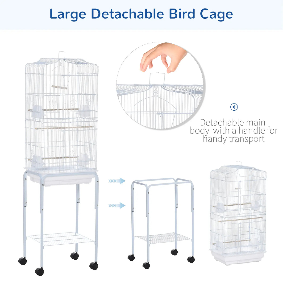 Cage à oiseaux roulante 62" avec étagère de rangement et roulettes - Blanche