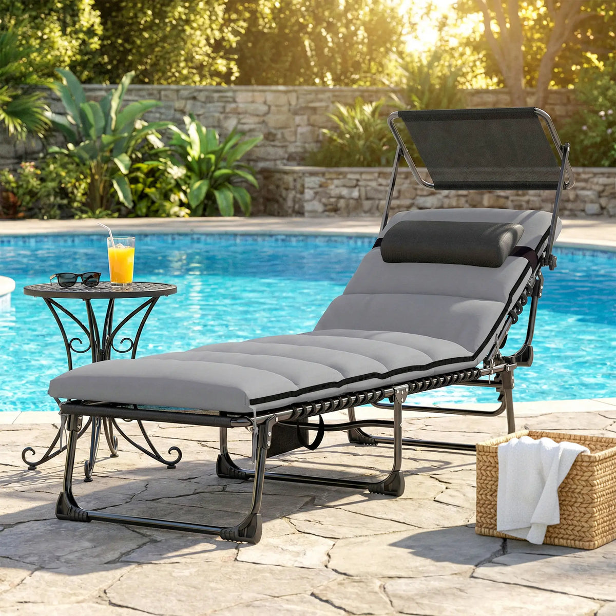 Chaises longues d'extérieur, chaises longues pliantes avec 5 positions réglables, coussin, auvent et poche latérale