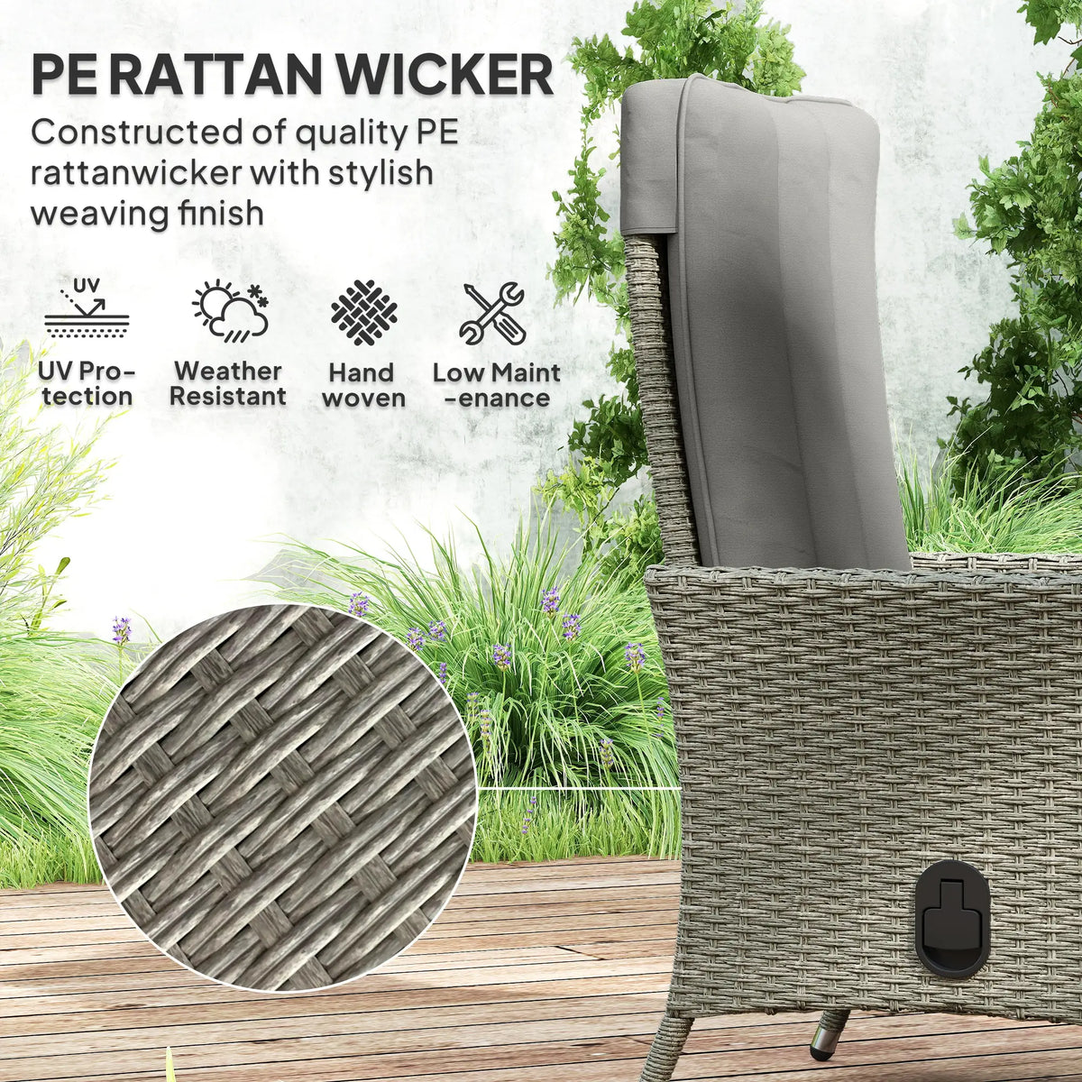 Fauteuil inclinable d'extérieur en osier, fauteuil de patio inclinable en osier avec dossier et coussin réglables, gris