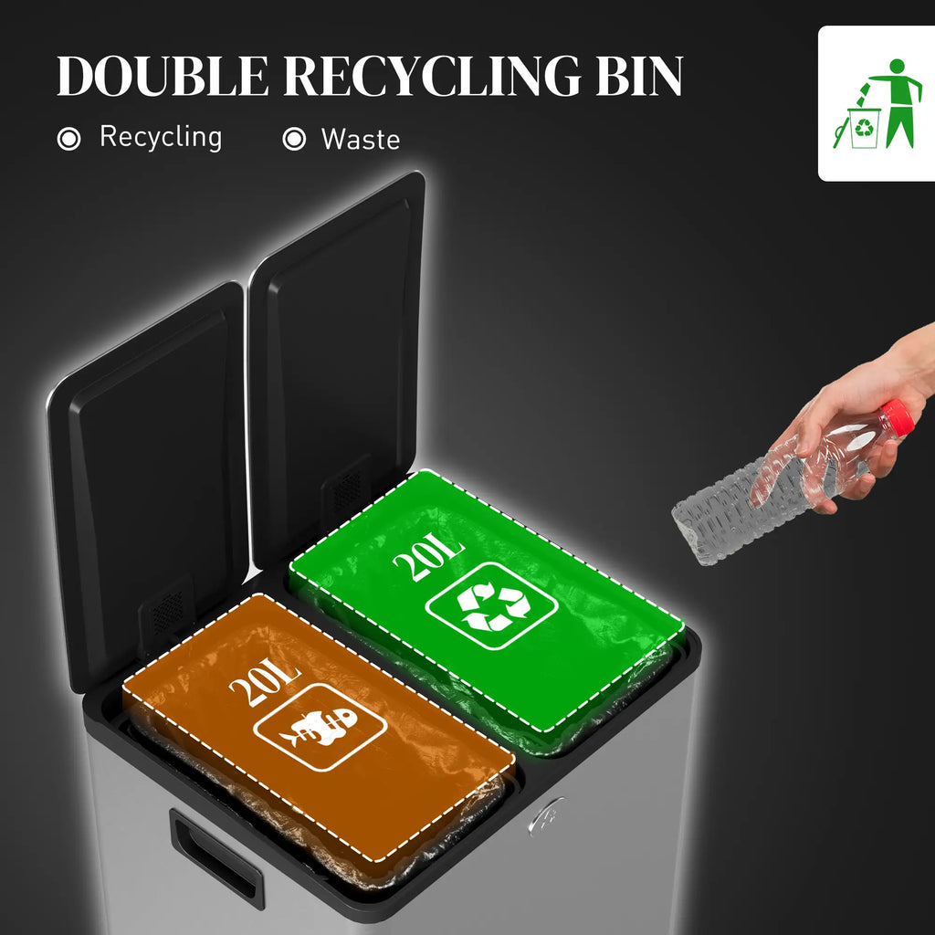 Poubelle, fermeture amortie avec pédale, 2 x 5 gallons (2 x 20 L) avec seaux intérieurs amovibles, argentée