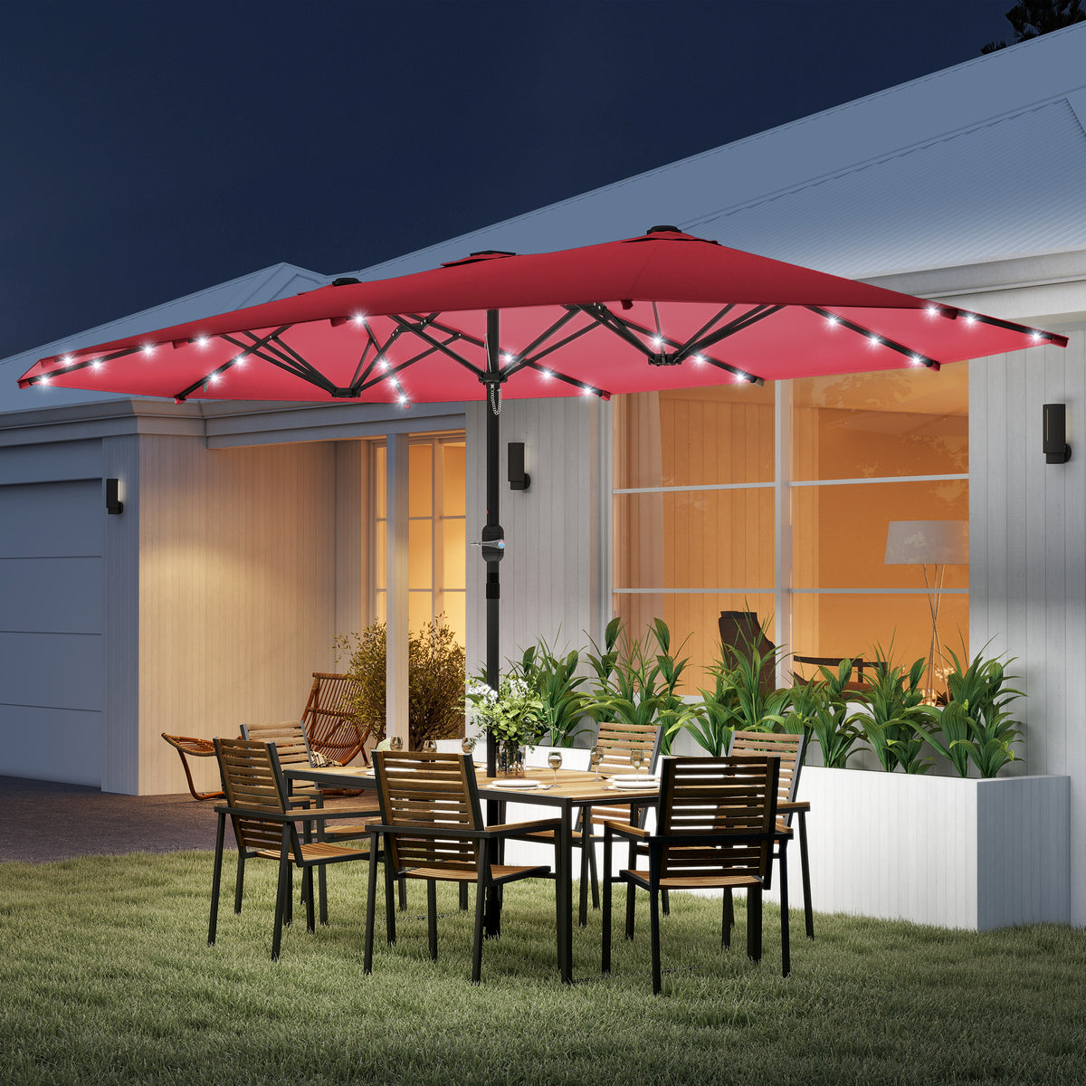 Parasol de jardin double face 173,2" avec lumière solaire LED intégrée, base non incluse, rouge bordeaux