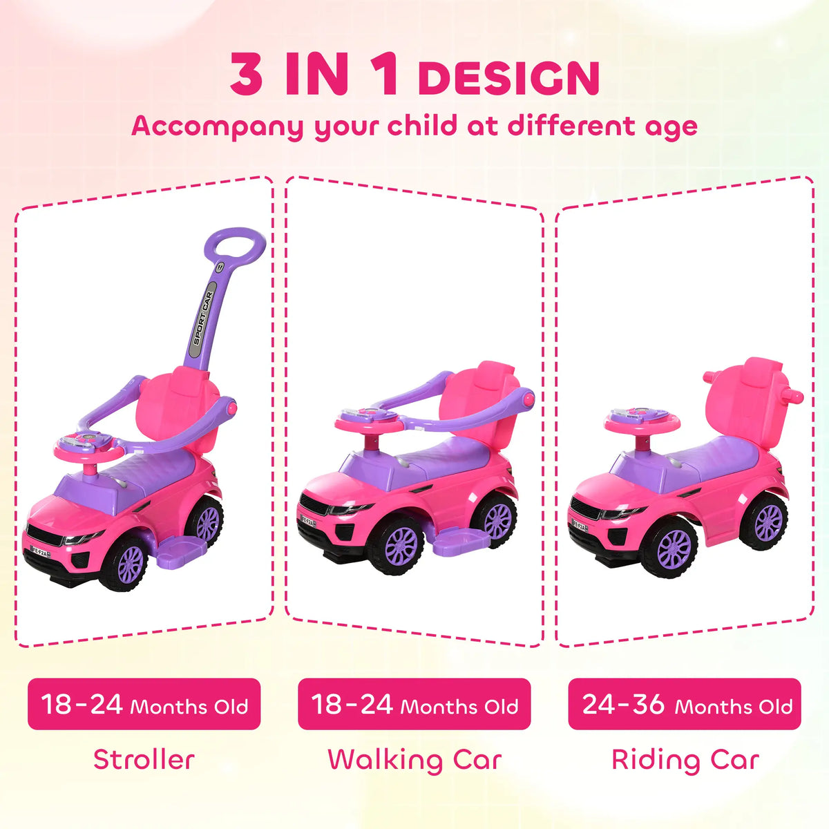 Voiture à pousser 3 en 1 pour enfants, avec klaxon et rangement sous le siège, pour les 18-36 mois, rose.