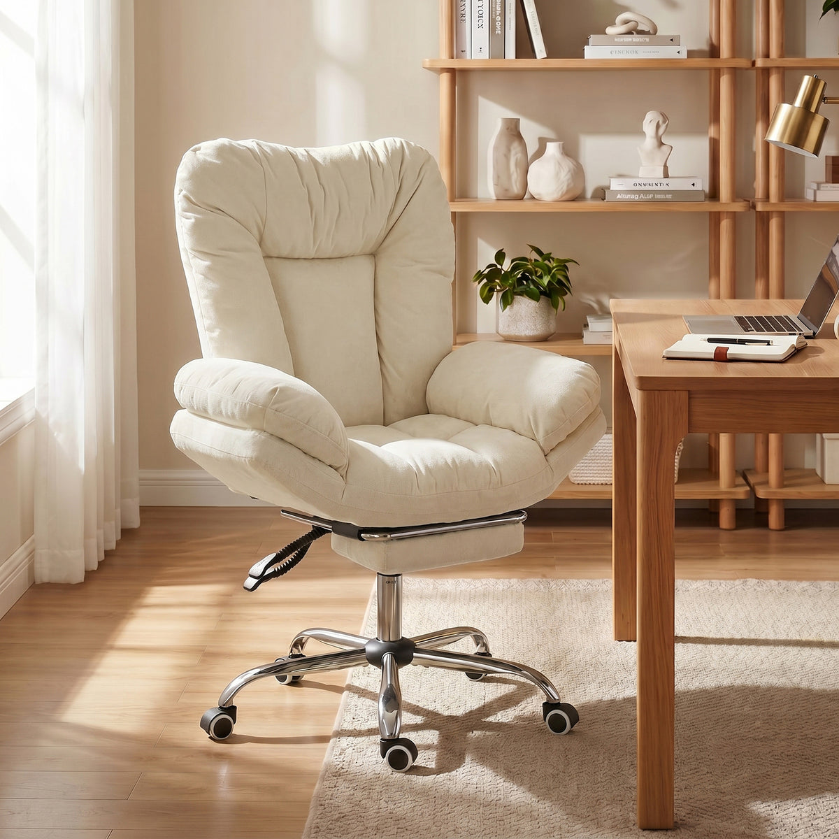 Fauteuil de bureau à roulettes, assise croisée, accoudoirs en cascade, large et rembourré, avec repose-pieds, beige
