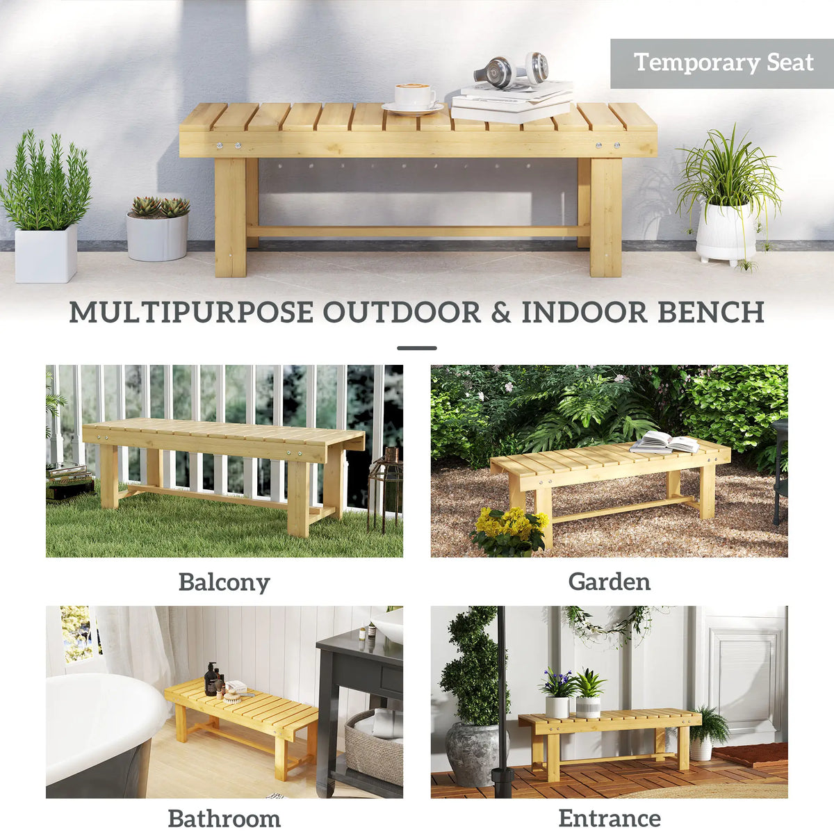 Banc d'extérieur 43 po en bois, banc de patio pour 2 personnes, canapé deux places sans dossier avec assise à lattes pour parc, jardin, pelouse, bois naturel