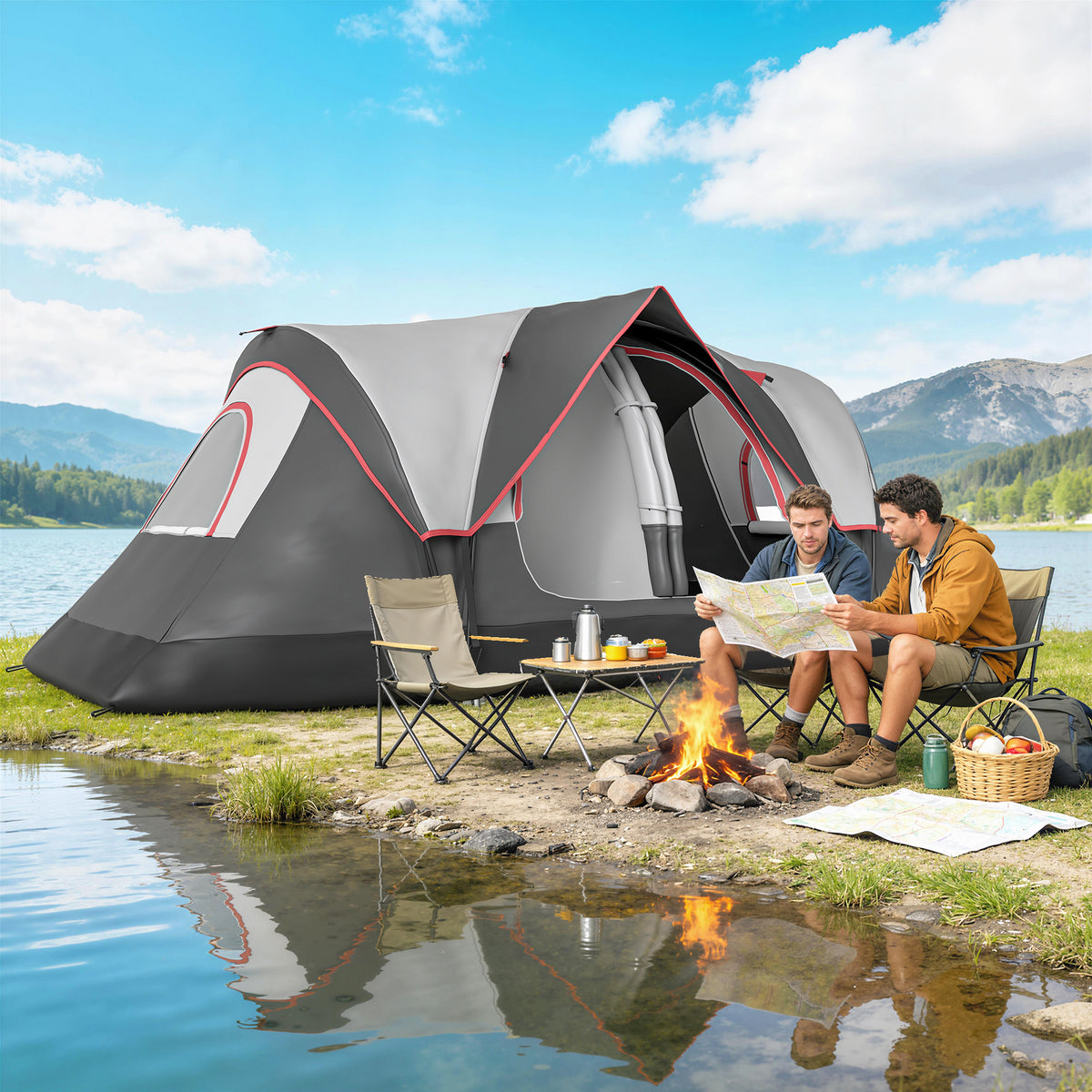 Tente de camping pour 6 personnes avec double-toit imperméable 2000 mm et sac de transport, idéale pour la pêche, la randonnée et les festivals, gris foncé.