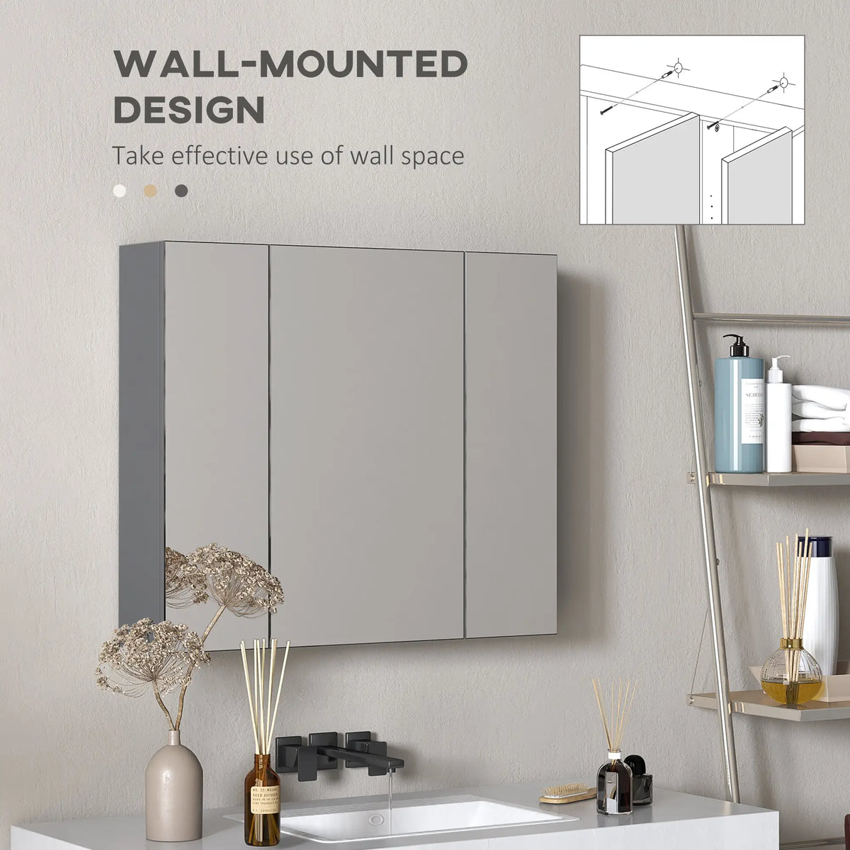 Armoire de salle de bain murale 71 x 61 cm avec miroir, armoire à pharmacie à 3 portes et étagères réglables, grise