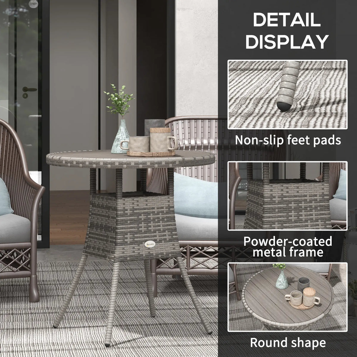 Table de salle à manger d'extérieur 70 cm (27,5 po) en résine tressée, mobilier de patio en rotin PE avec plateau en composite bois-plastique, grise