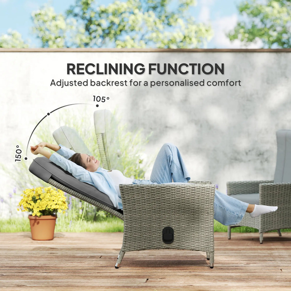 Fauteuil inclinable d'extérieur en osier, fauteuil de patio inclinable en osier avec dossier et coussin réglables, gris