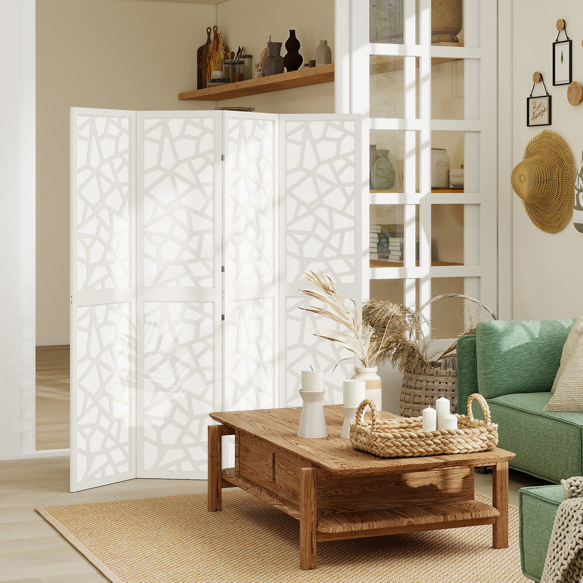 Paravent à 4 panneaux, 1,70 m, pliable et léger, motif géométrique, blanc, idéal pour le salon et la chambre.