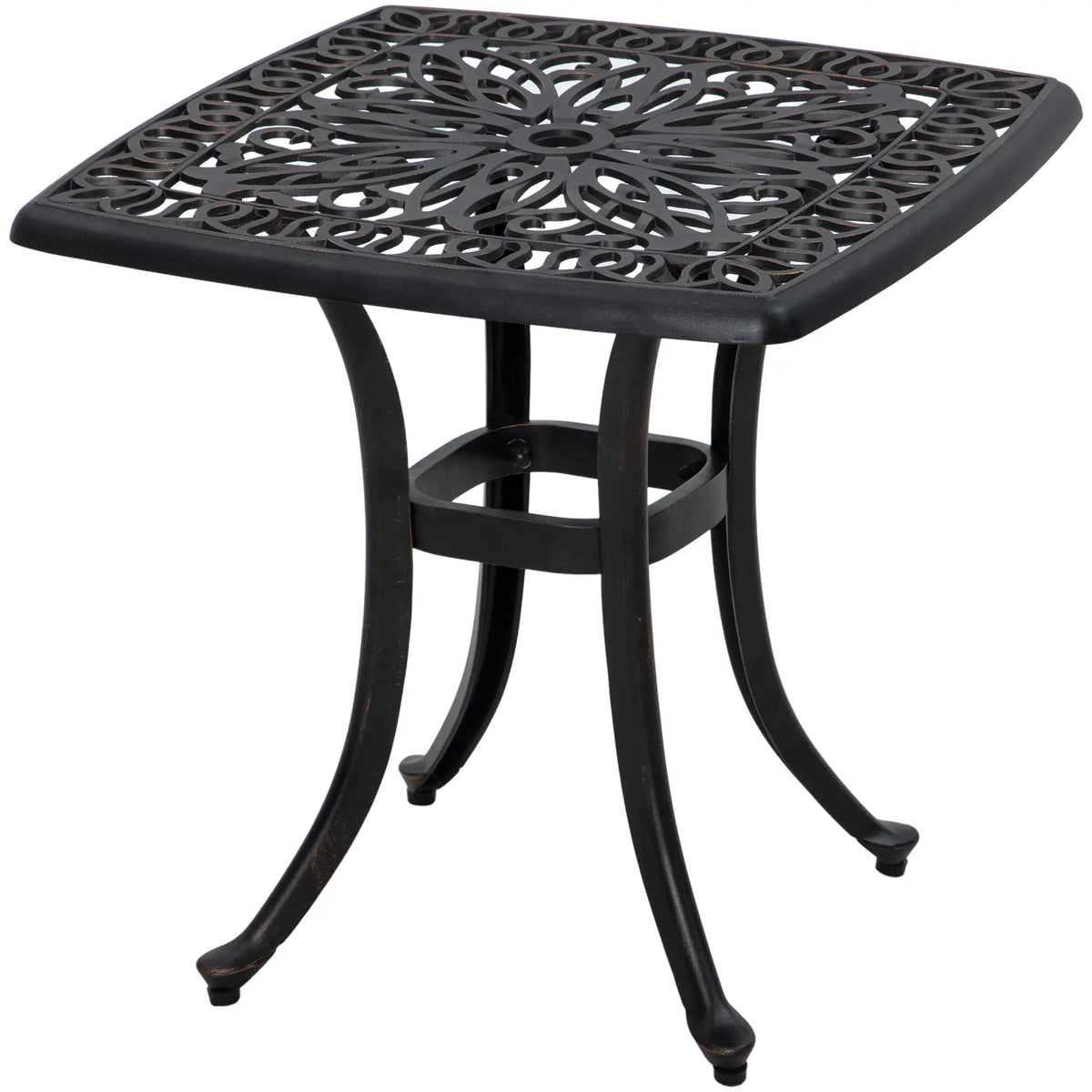 Table d'appoint carrée d'extérieur 53 cm (21 po), table de patio en aluminium moulé avec trou pour parasol, idéale pour le jardin, le balcon ou la piscine, couleur bronze.