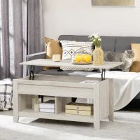Table basse relevable avec rangement, effet chêne