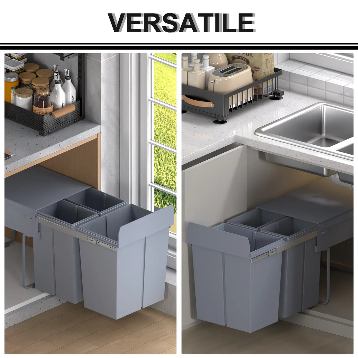 Poubelle coulissante à placer sous un meuble, 40 L (10,6 gallons), avec 3 compartiments amovibles, grise