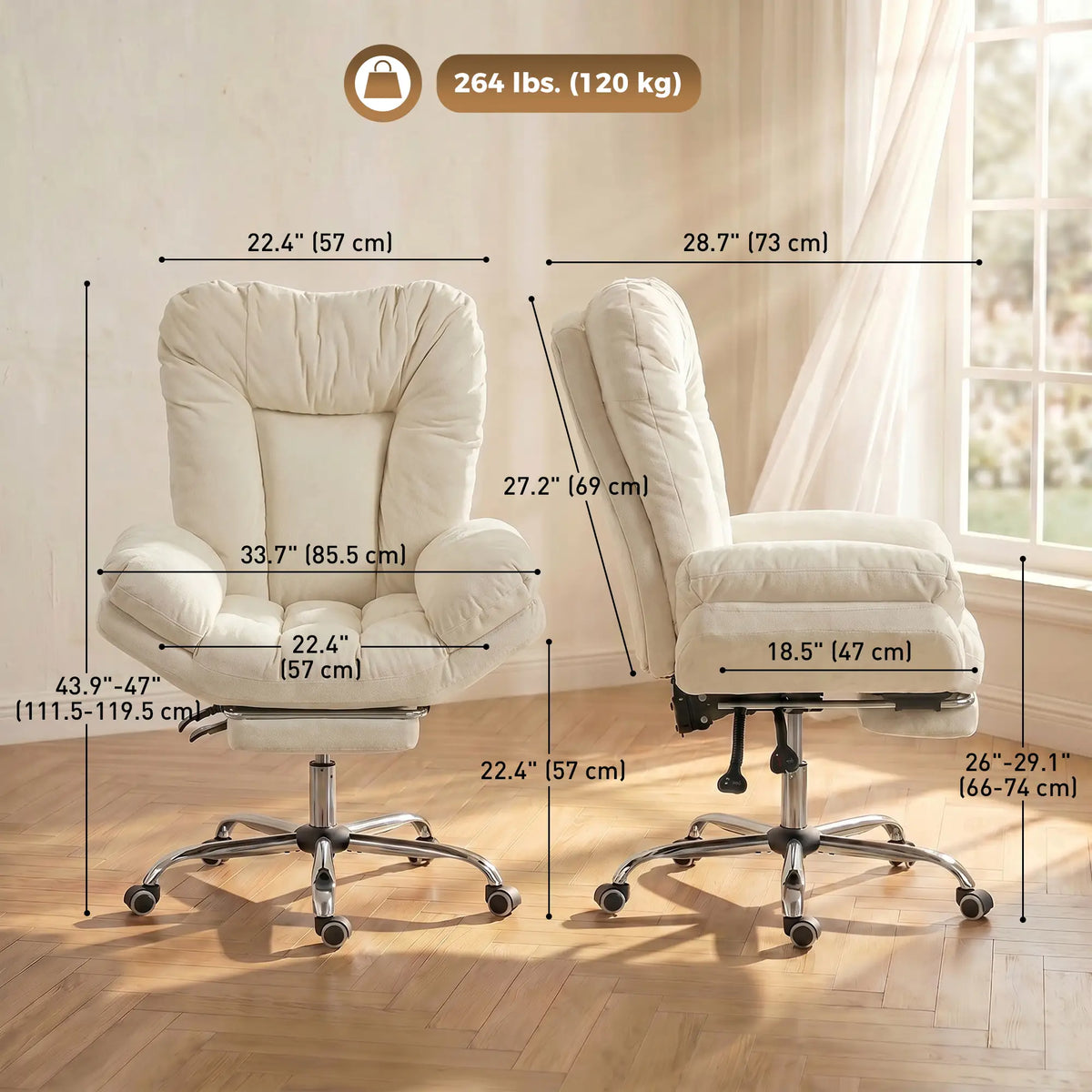 Fauteuil de bureau à roulettes, assise croisée, accoudoirs en cascade, large et rembourré, avec repose-pieds, beige