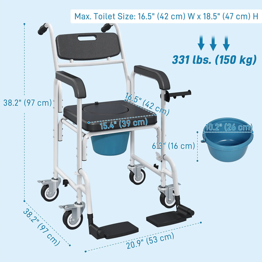 Chaise de douche roulante, chaise percée de chevet à roulettes avec dossier, accoudoirs et repose-pieds rabattables pour personnes âgées et personnes handicapées, noire