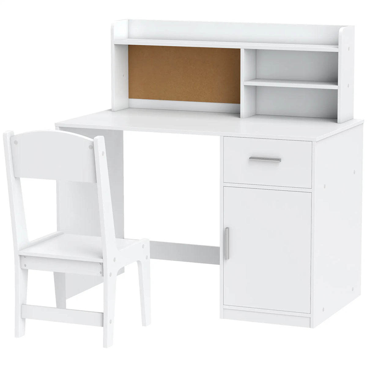 Ensemble bureau et chaise pour enfants, table et chaise d'étude avec rangements (étagère, tiroir, armoire, compartiments, tableau en liège).