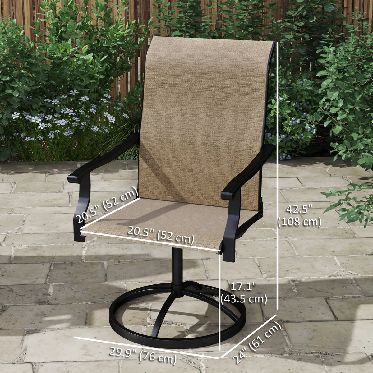 Ensemble de 2 chaises de salle à manger pivotantes d'extérieur, dossier haut et assise en maille résistante aux intempéries, pour terrasse, jardin ou piscine, marron