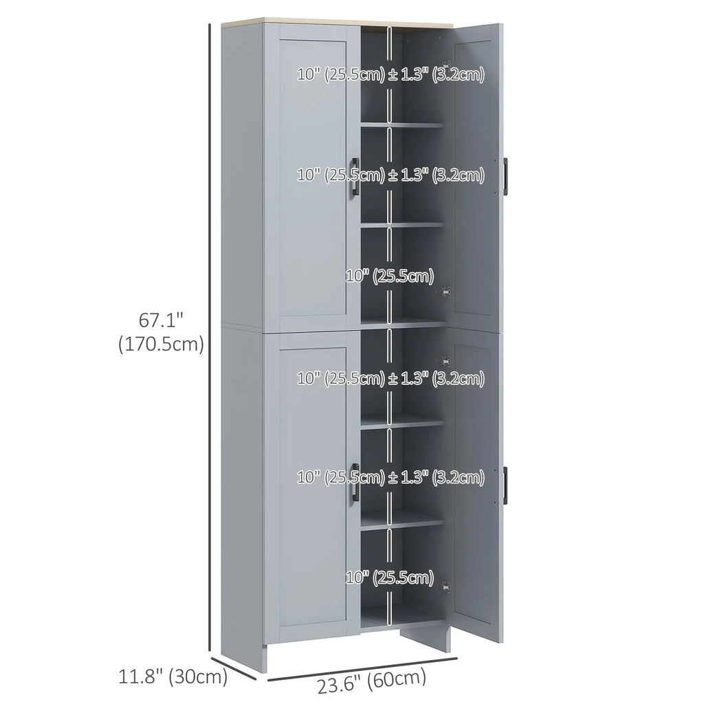 Armoire de cuisine 67" à 4 portes, meuble de rangement autoportant avec étagères réglables, gris