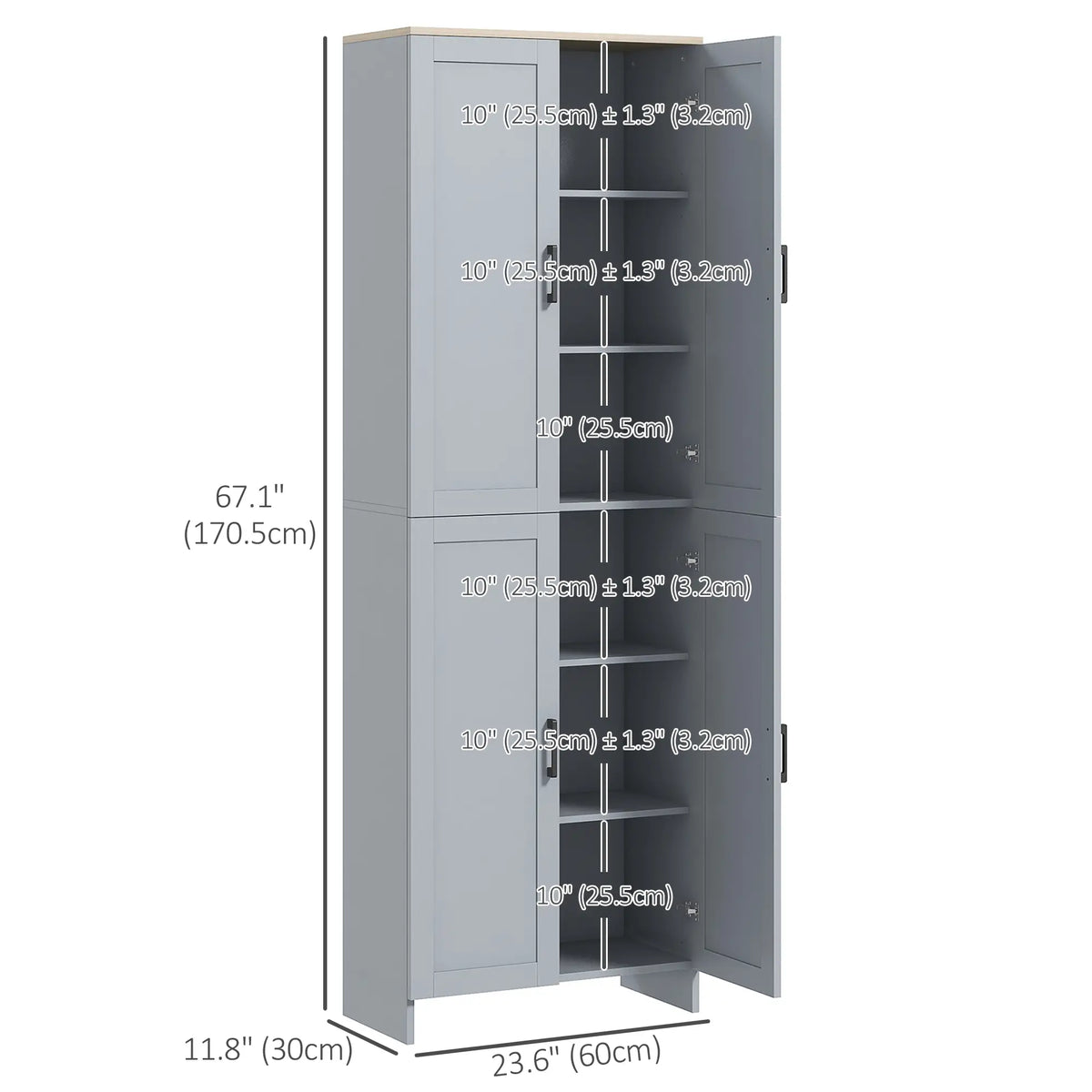 Armoire de cuisine 67" à 4 portes, meuble de rangement autoportant avec étagères réglables, gris
