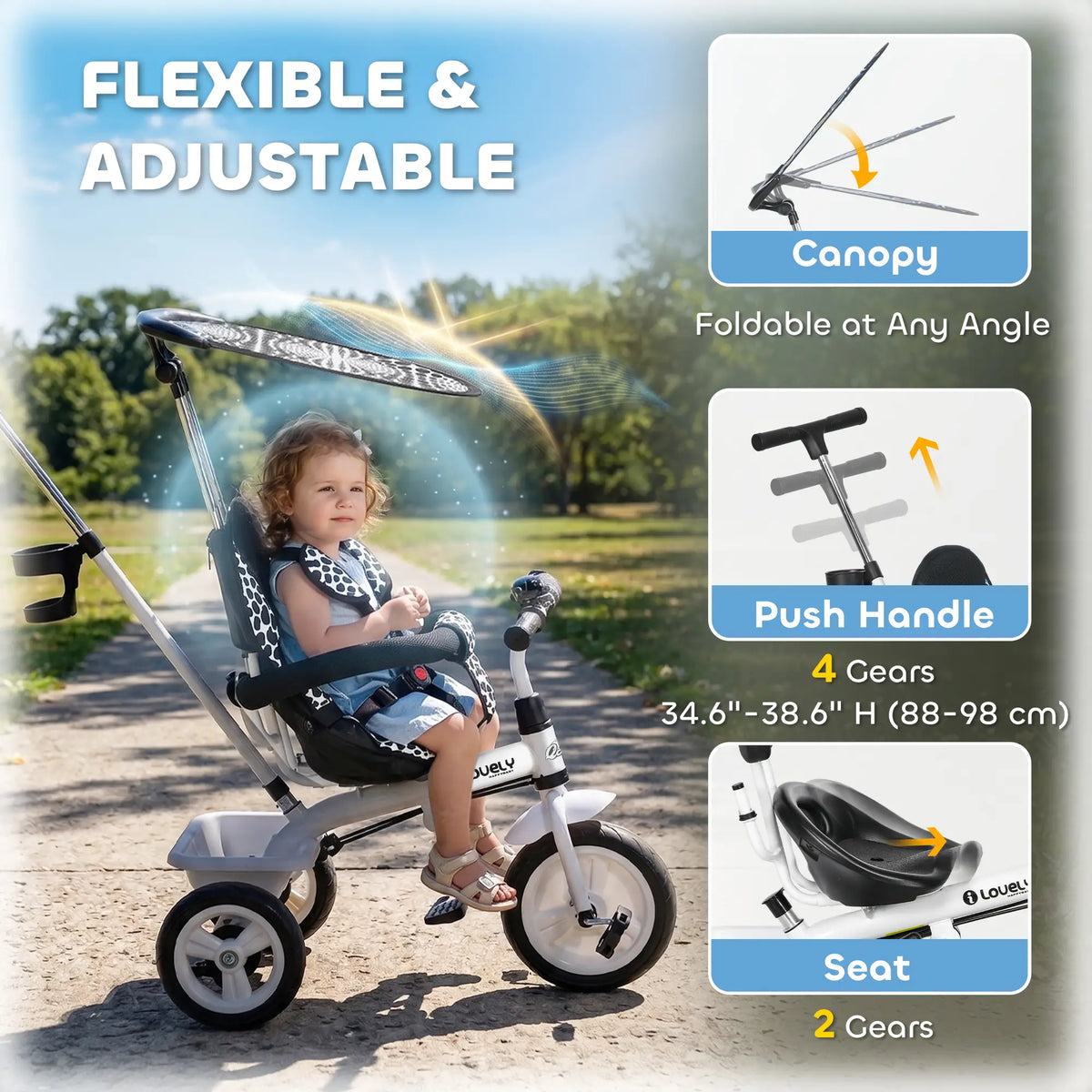 Tricycle enfant 6 en 1 avec guidon et capote amovibles, blanc